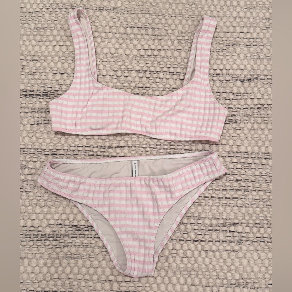 SOLID & STRIPED Pink and White Elle Ribbed Bikini